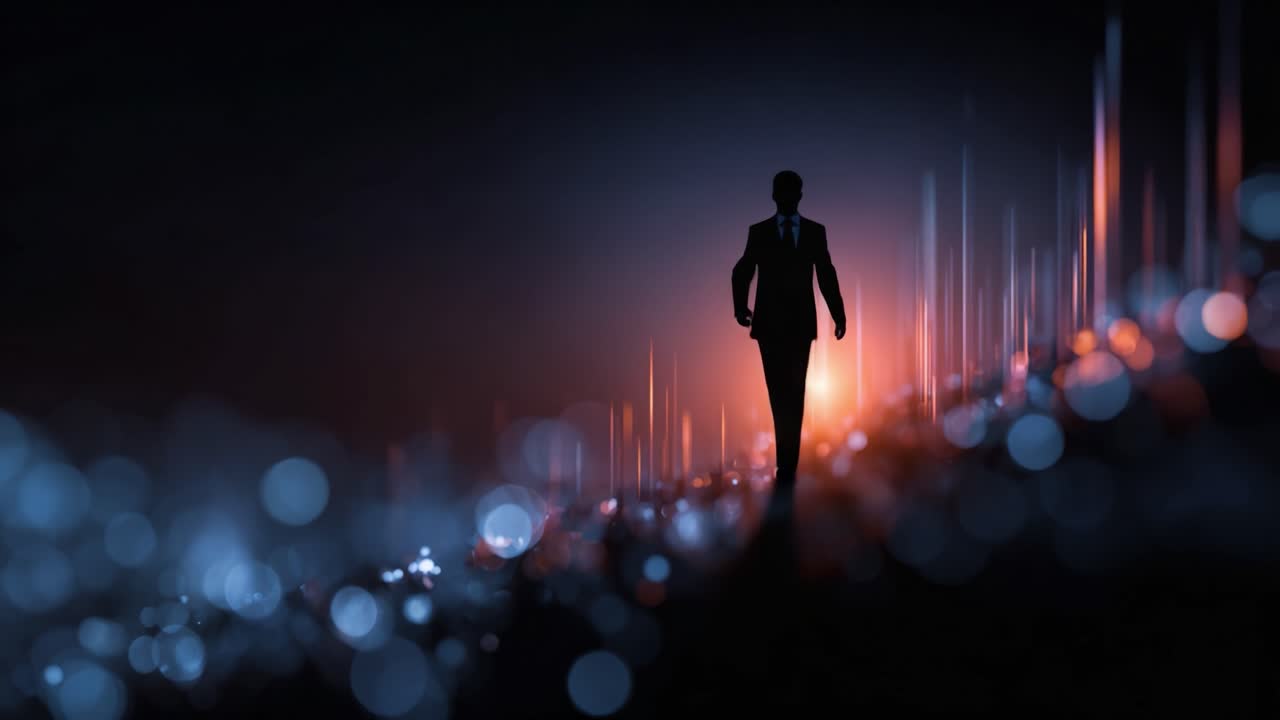 A Mysterious Figure Walks Towards a Glowing Horizon, Surrounded by Colorful Light Patterns, Evoking Feelings of Intrigue and Possibility in a Dark Atmosphere