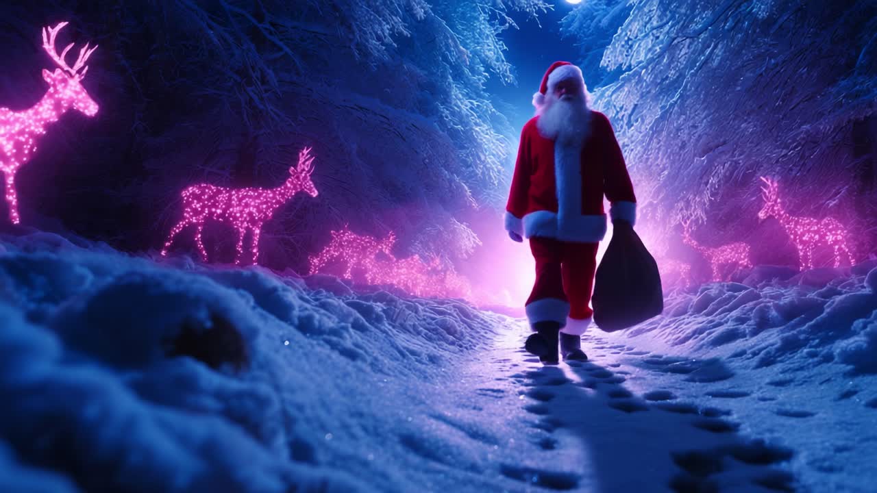 A Magical Winter Night Scene Featuring a Festive Santa Claus Walking Through a Snowy Landscape Adorned with Glowing Reindeer Decorations Under a Starry Sky in a Charming Christmas Atmosphere