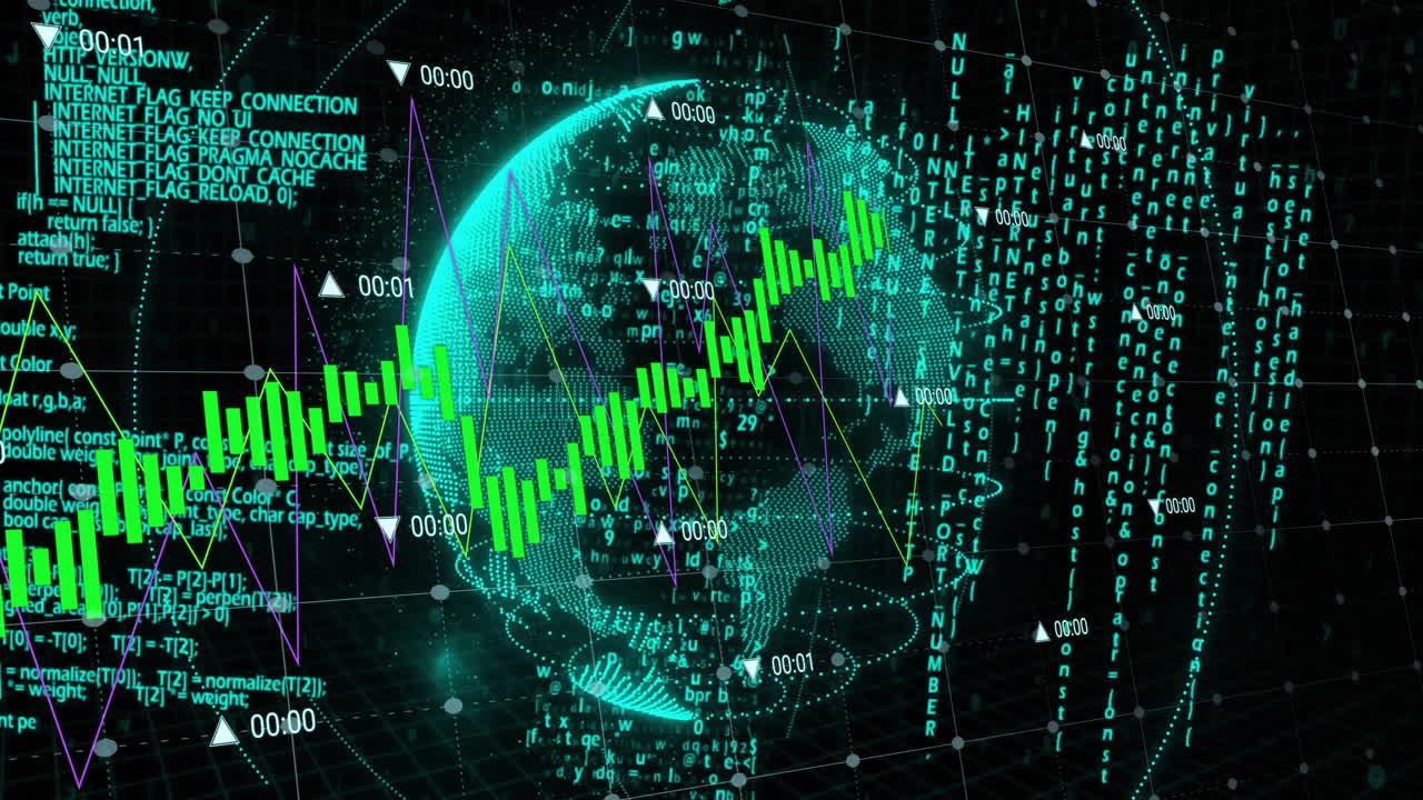 Animation of digital data processing over globe and computer servers
