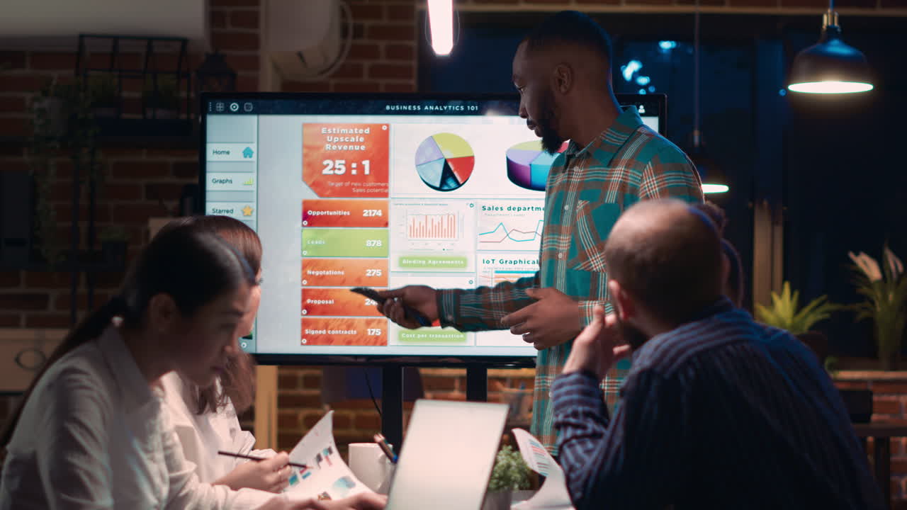 African american employee giving analytics presentation in business meeting