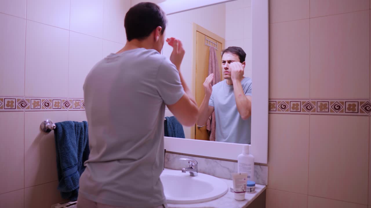Man applying face cream in bathroom mirror