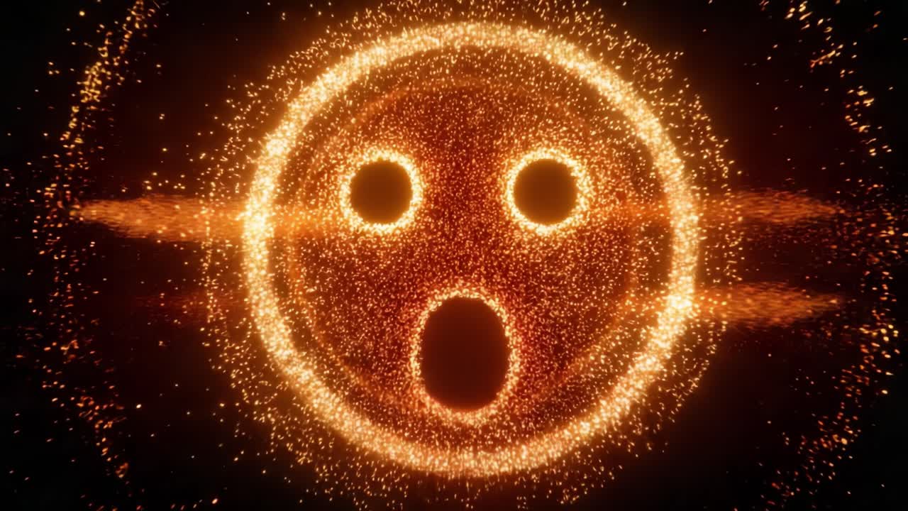 An Artistic Representation of Surprise: A Glittering Sparkling Face Emphasizing a Surprised Expression Created with Radiant Particles in Motion and Vibrant Colors