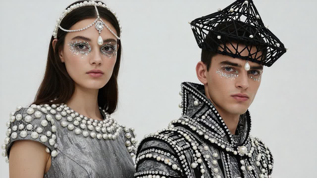 Stunning Couture Fashion Showcasing Elegant Silver Textiles and Intricate Pearl Detailing, Capturing the Essence of High Fashion and Glamour in a Contemporary Setting