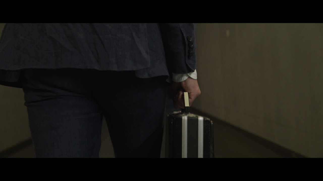 Man walking down a corridor with a rabbit head carries a briefcase