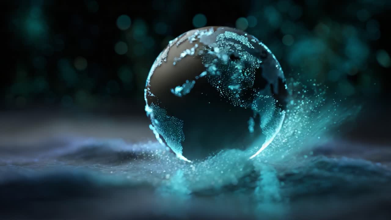 A Stunning Visualization of Earth as a Luminous Globe Surrounded by Ethereal Light and Dynamic Water Effects, Representing Global Connection and Nature's Beauty