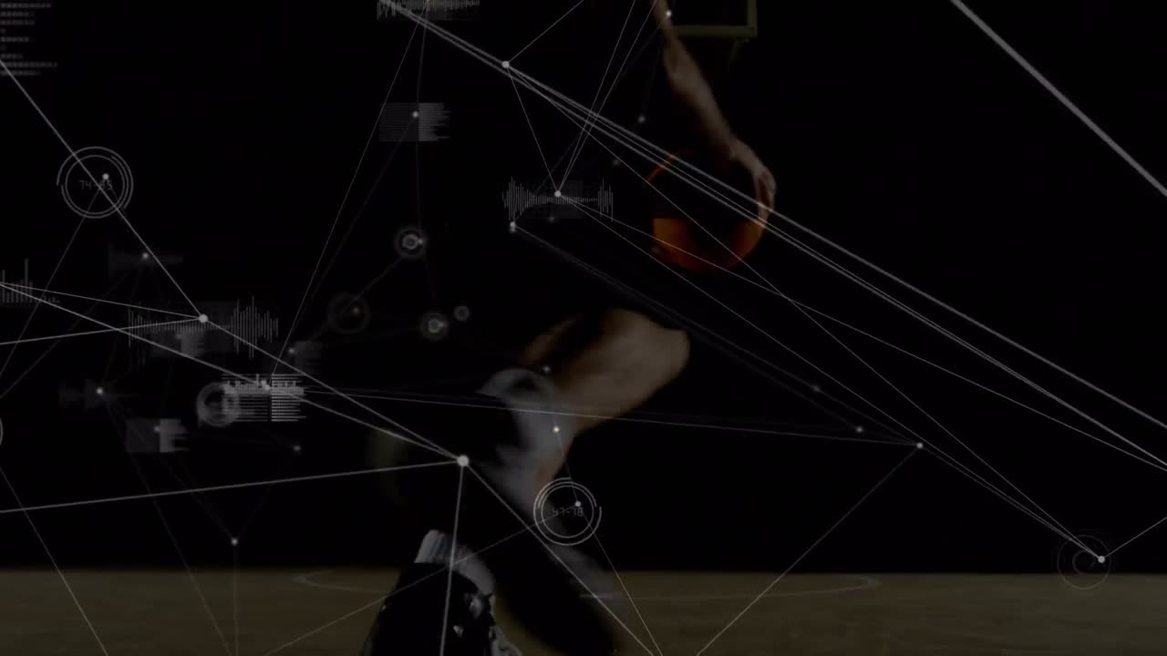 Animation of network of connections and data processing over biracial basketball player