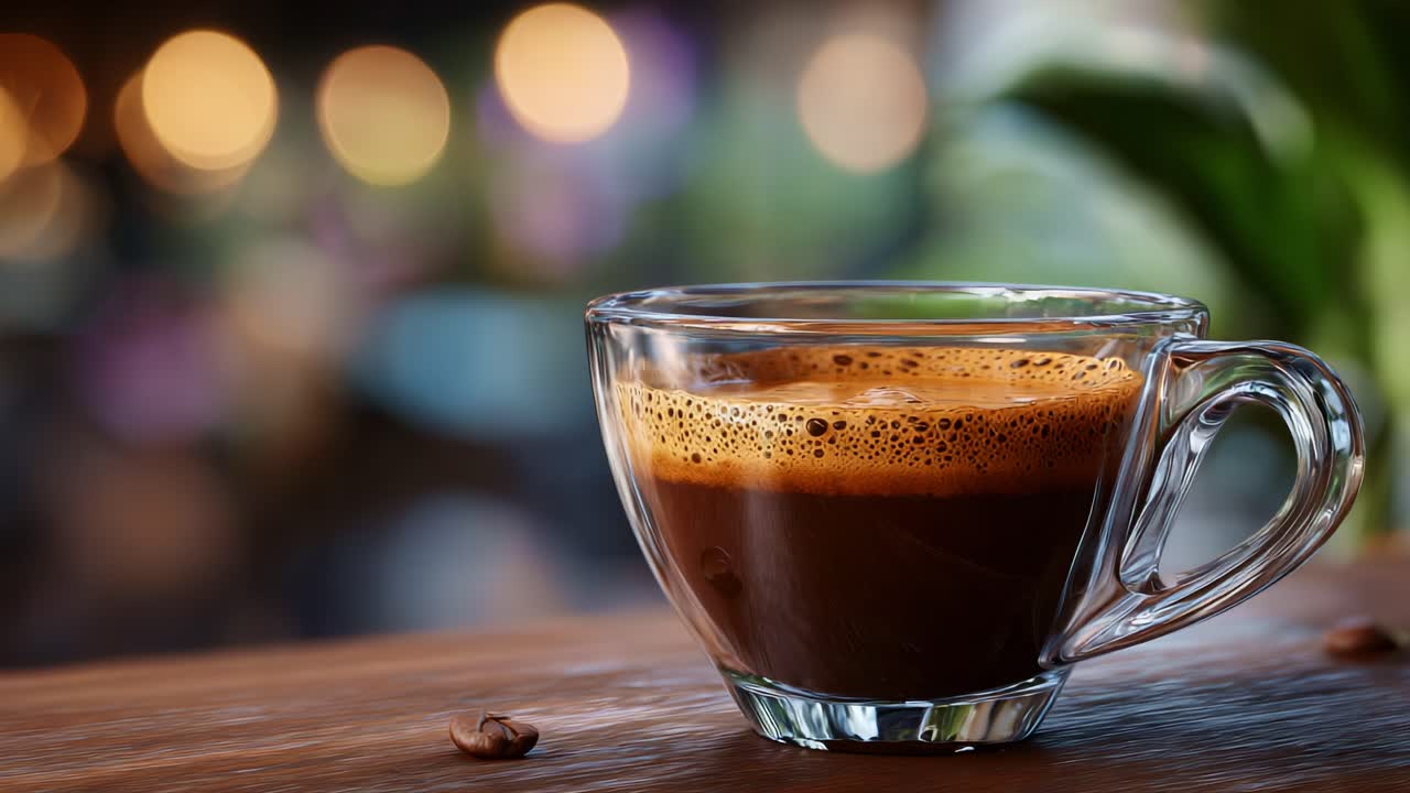 Primer plano de un espresso con abundante espuma en una taza de cristal transparente sobre un fondo difuminado con luces bokeh suaves que crean un ambiente acogedor