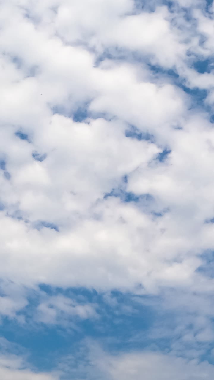White beautiful cirrus-cumulus cloudscape spreading along the horizon. Summer skies with clouds from low angle perspective. Timelapse. Vertical video