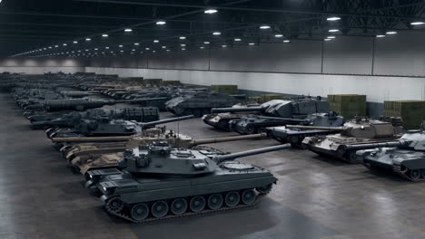 rows of military tanks stored in a large warehouse