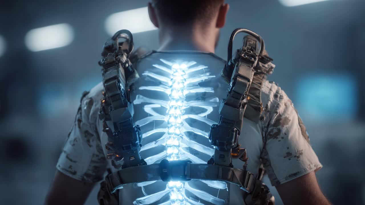 Fremtidens teknologi: En højteknologisk eksoskelet-sele med belyst ribbensdesign, der fremviser avanceret proteseteknologi og kropsforbedring i et sci-fi-miljø.