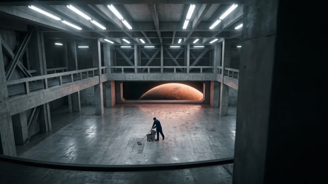 Osoba vytírající futuristickou betonovou místnost s výhledem na Mars