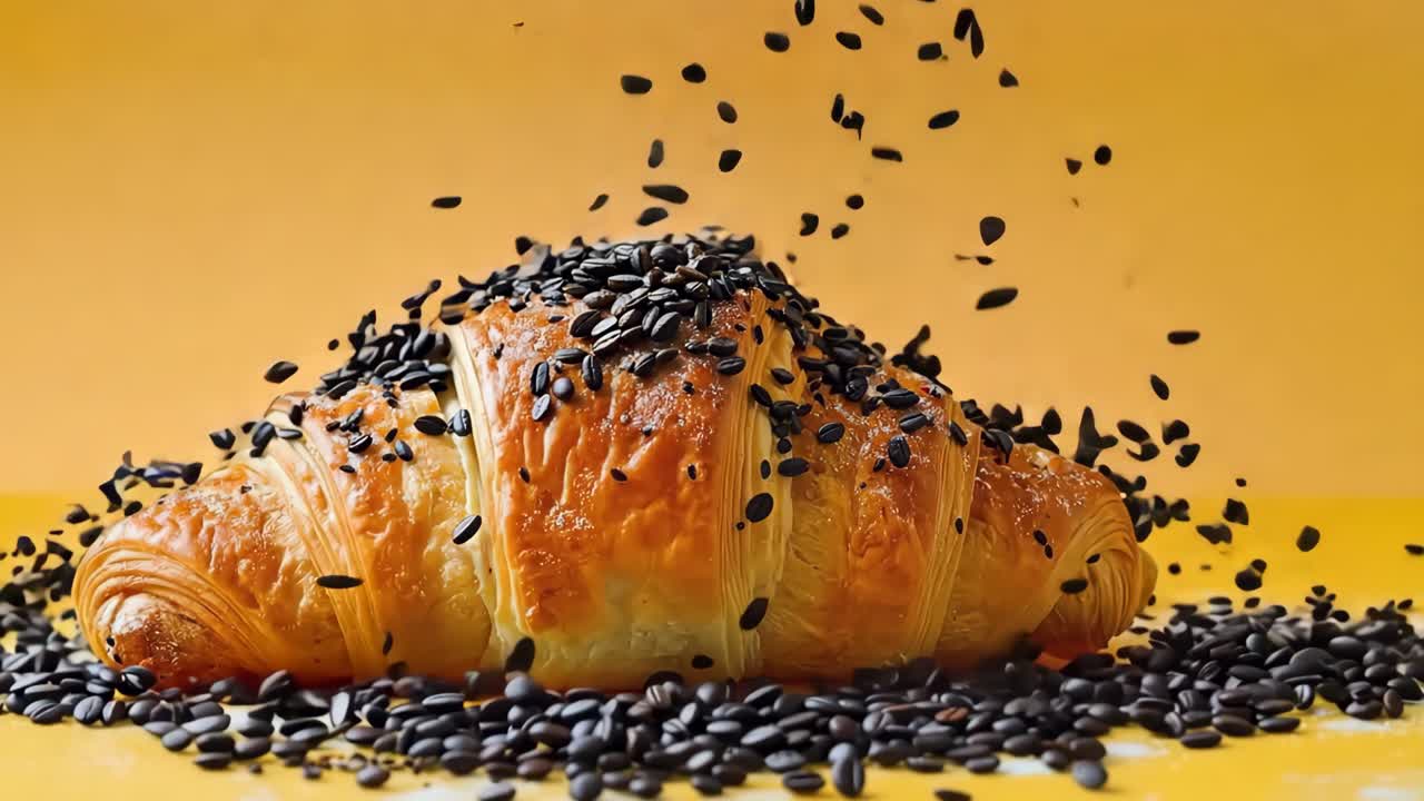 un croissant con semillas de sésamo volando fuera de él en una superficie amarilla