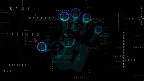 Animation-of-ai-data-processing-over-biometric-handprint-and-dark-background