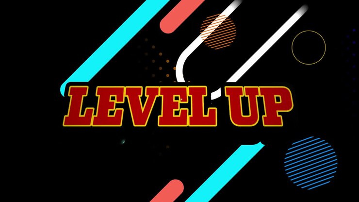 Animazione del testo "level up" su fumetto retrò e forme astratte colorate su sfondo nero.