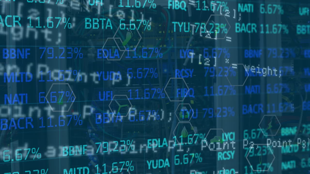 animación del procesamiento de datos financieros e íconos en la sala del servidor.