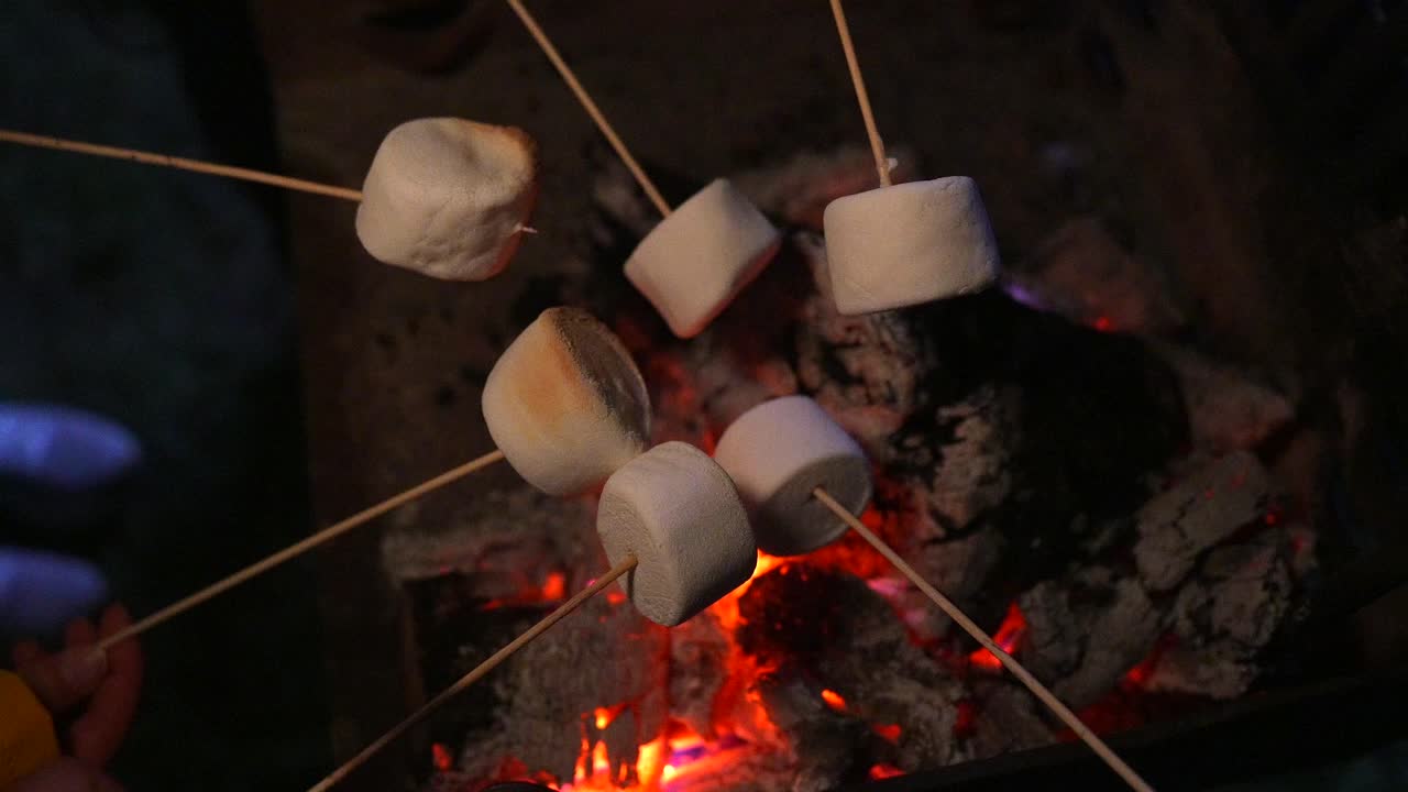Marshmallows Doces Torrando em Espetos Sobre Brasas Ardentes