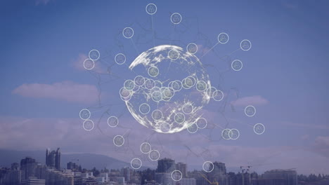 animación del globo y red de conexiones sobre el paisaje urbano