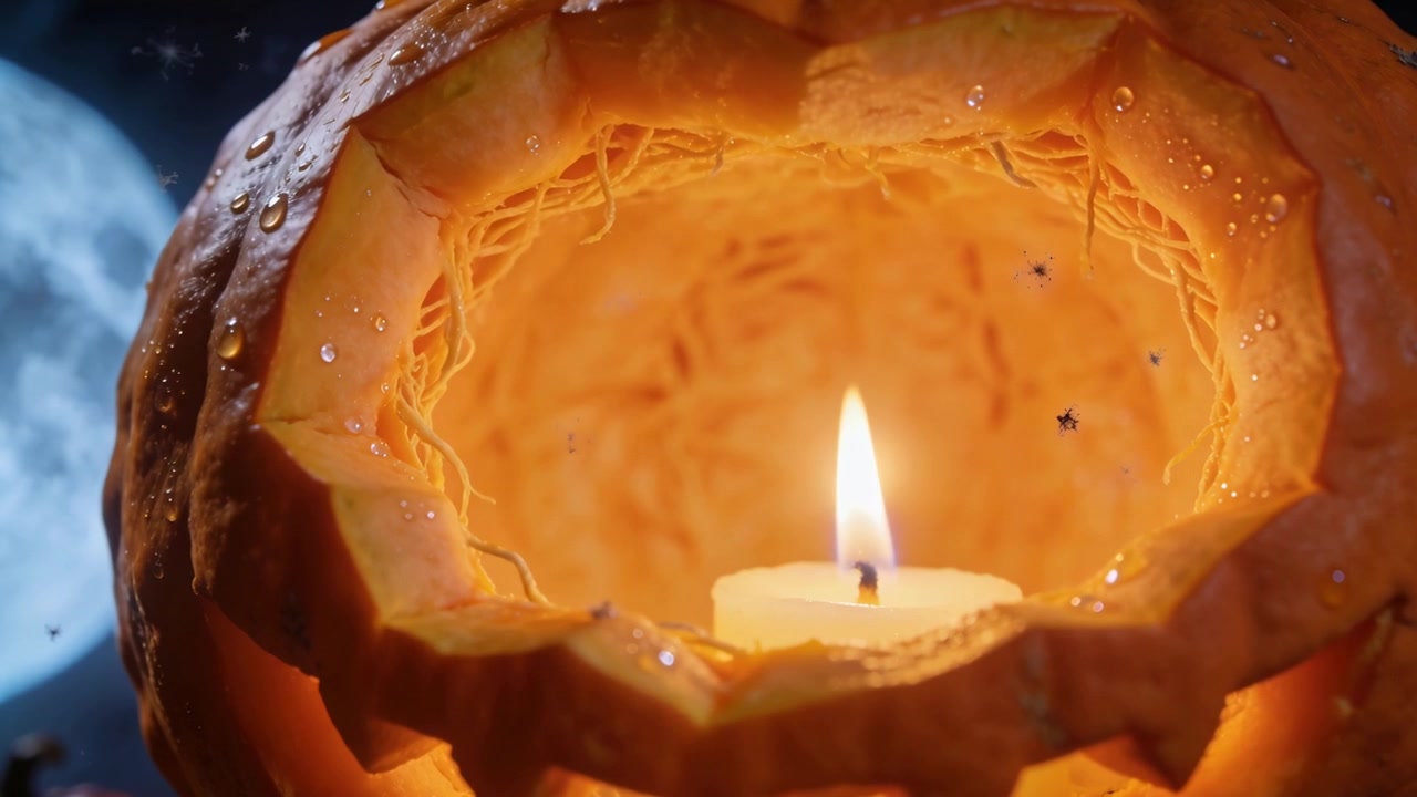 Flickering carved pumpkin candle reacting to breeze at night, illuminating mouth, dew, insects