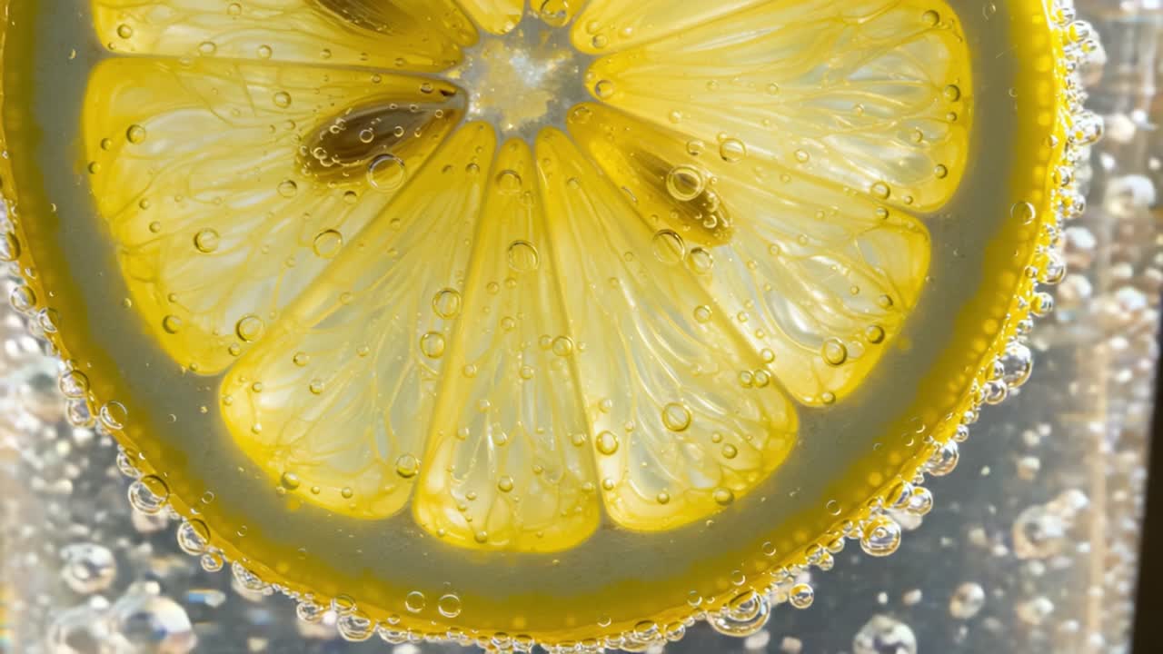 Refreshing Lemon Slice in Sparkling Water, Capturing the Vibrant Yellow Citrus with Bubbling Effervescence, Perfect for Quenching Thirst and Enhancing Beverages