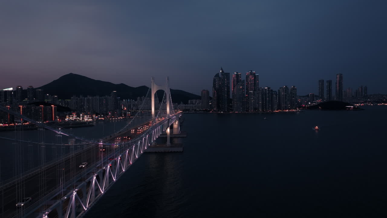 Illuminated Suspension Bridge over a City at Twilight