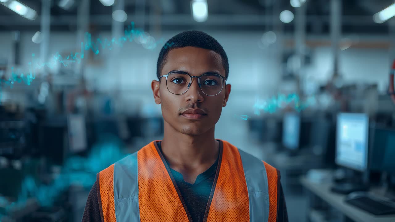 Standing worker in hivis orange vest, specs in factory, monitoring with cyan waveform appearing