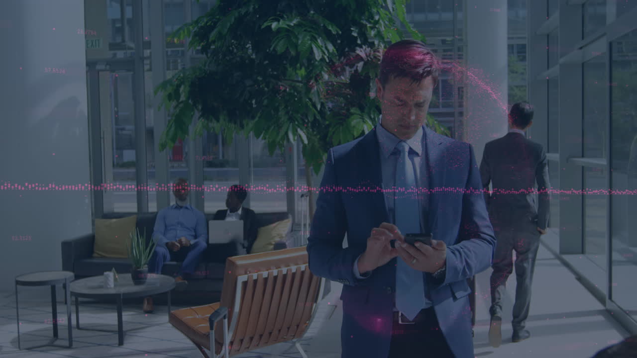 스마트폰을 사용하는 사업가 위에서 회전하는 지구의 애니메이션