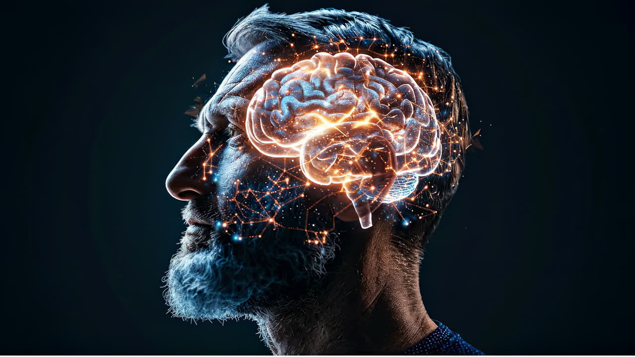 Interazione tra mente e cervello nell'arte moderna. Un uomo con la barba ha un cervello luminoso sopra la testa. Questo mostra pensieri e idee che si fondono in uno stile digitale.