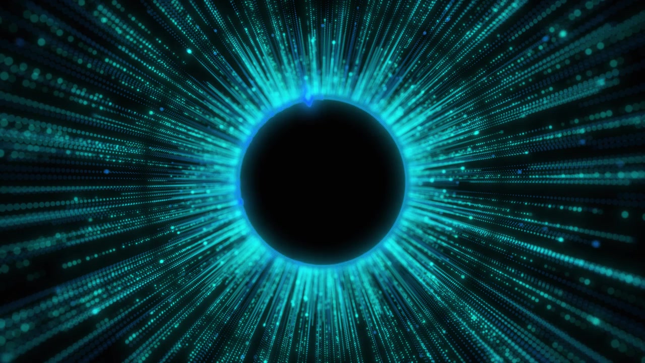 Cyan data tunnel halo visual with glowing radial beams dark center hole and fast particle streams