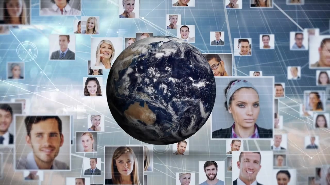 Animazione di un globo con rete di connessioni e foto di professionisti.