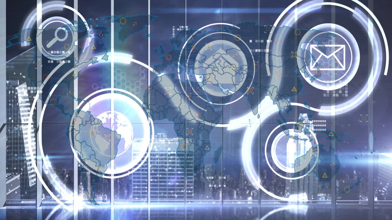 Animation of glowing circles and email icon over cityscape in digital world map