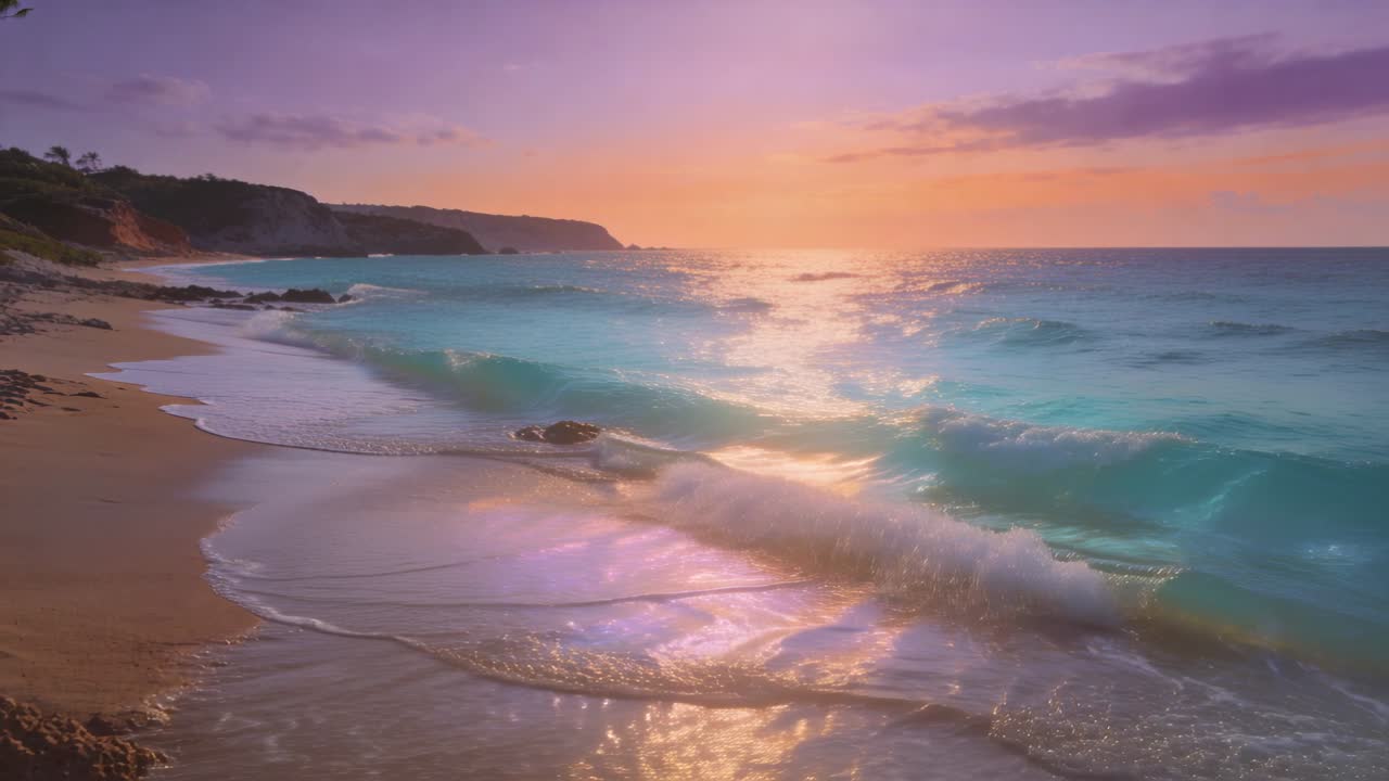 Swell pushing waves breaking, foam spreading, wet sand mirroring dusk sheen receding for travel