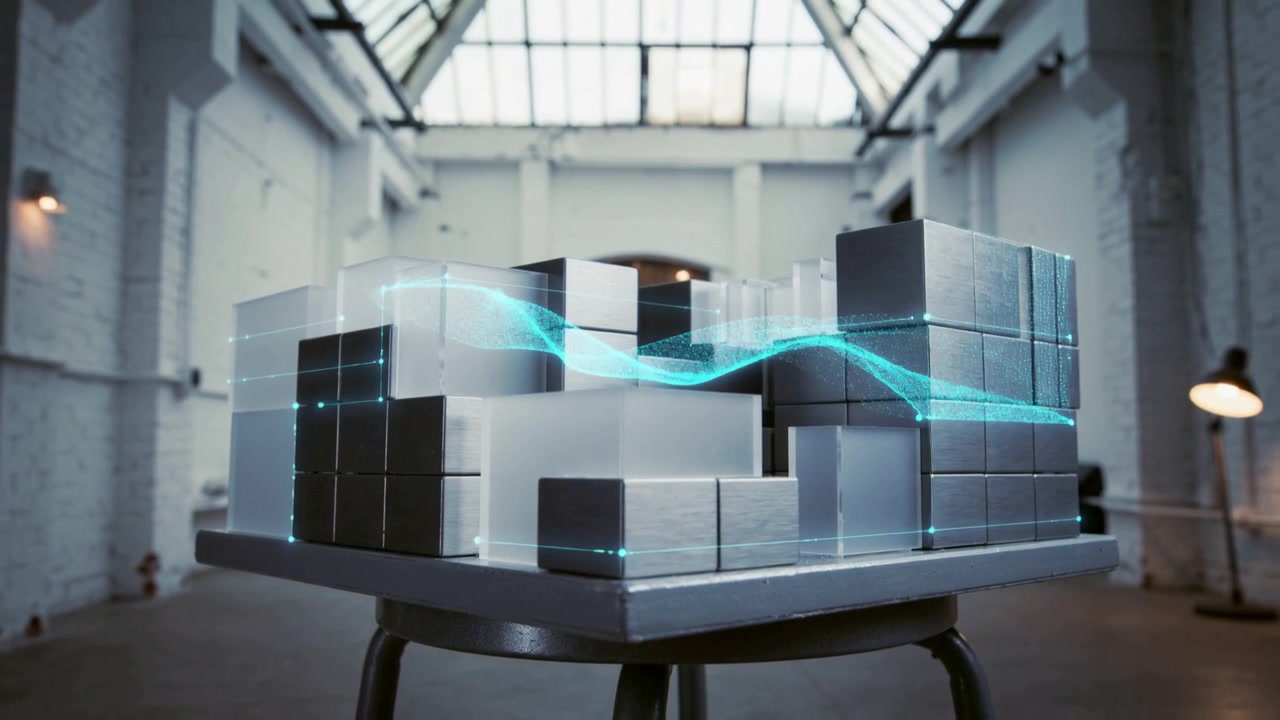 Thin cyan light sparking cyan ribbon tracing block model on tripod-stool in studio, mapping data