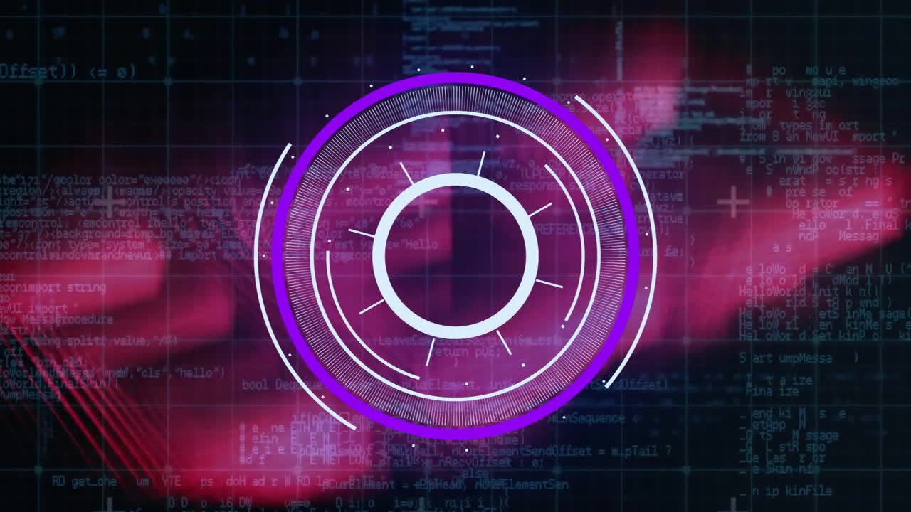 animación de escáner circular y procesamiento de datos sobre nubes rojas sobre fondo negro