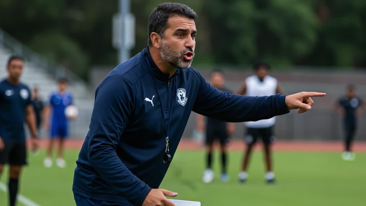 Intense Coaching Moments: A Dynamic Soccer Training Session Captured as the Coach Motivates and Directs Players on the Field During Practice's Final Moments