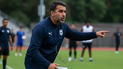 intense coaching moments: a dynamic soccer training session captured as the coach motivates and directs players on the field during practice's final moments