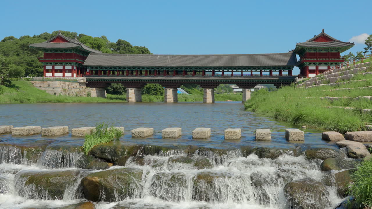 Woljeonggyo Bridge and Namcheon Stream Daytime on Summer Day At Gyeongju city, Gyeongsangbuk-do, South Korea - low angle view