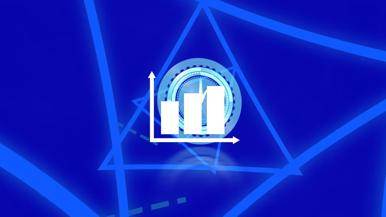 animación de gráfico y reloj en movimiento sobre triángulos sobre fondo azul