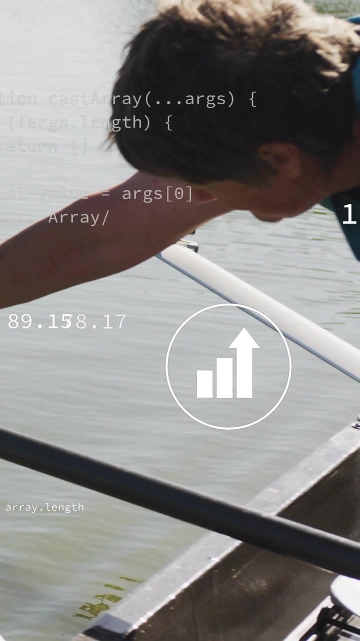 Vertical video: Tech HUD appearing, senior woman reaching from boat toward weight, checking water