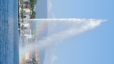 vertical rainbow spray mist from geneva jet d'eau water fountain on the swiss lac leman lake waterfront