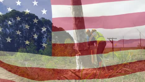 Animation-of-American-flag-waving-over-man-in-the-background