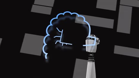 Animation of ai data processing over robot&#039;s arm and dark background