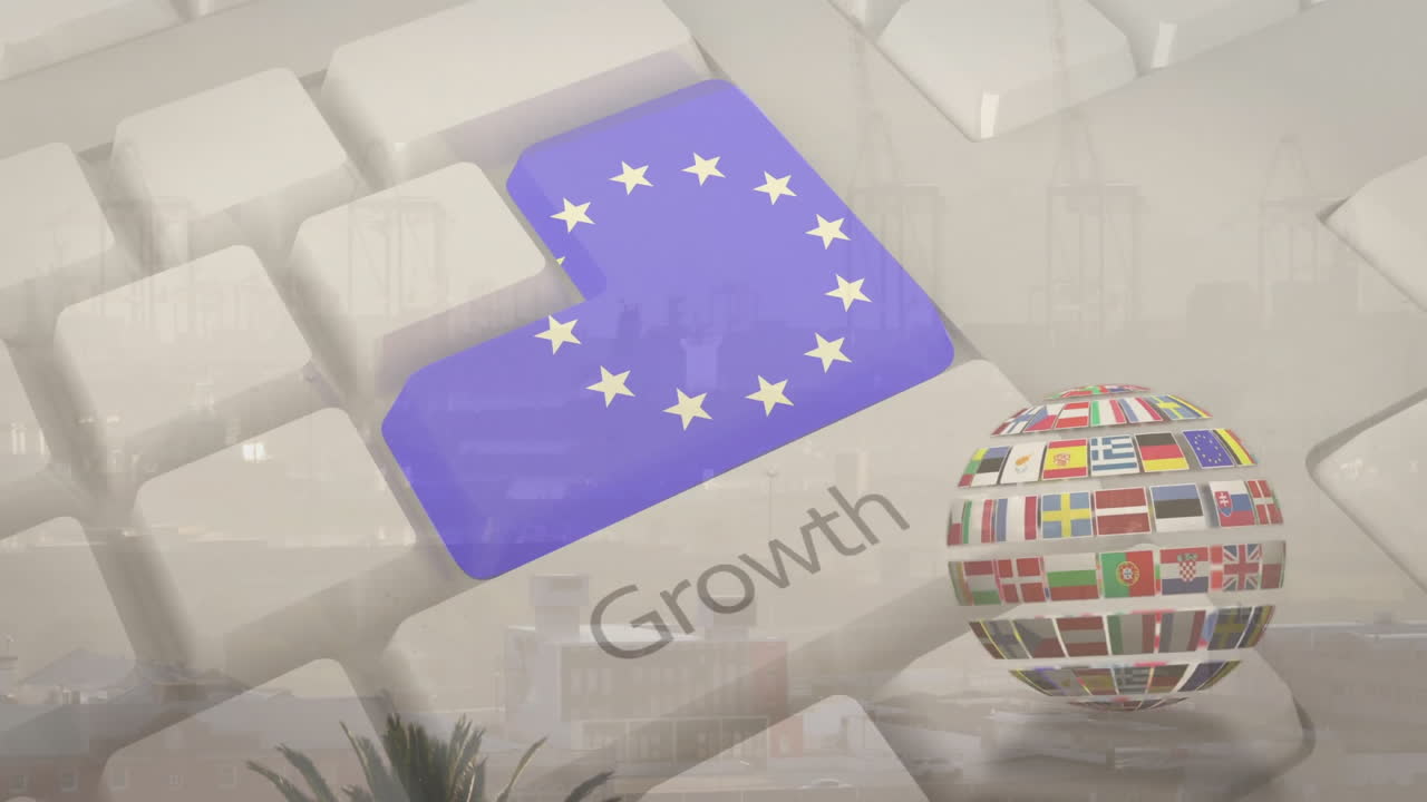 European Union flag on keyboard key featuring animation of globe with flags