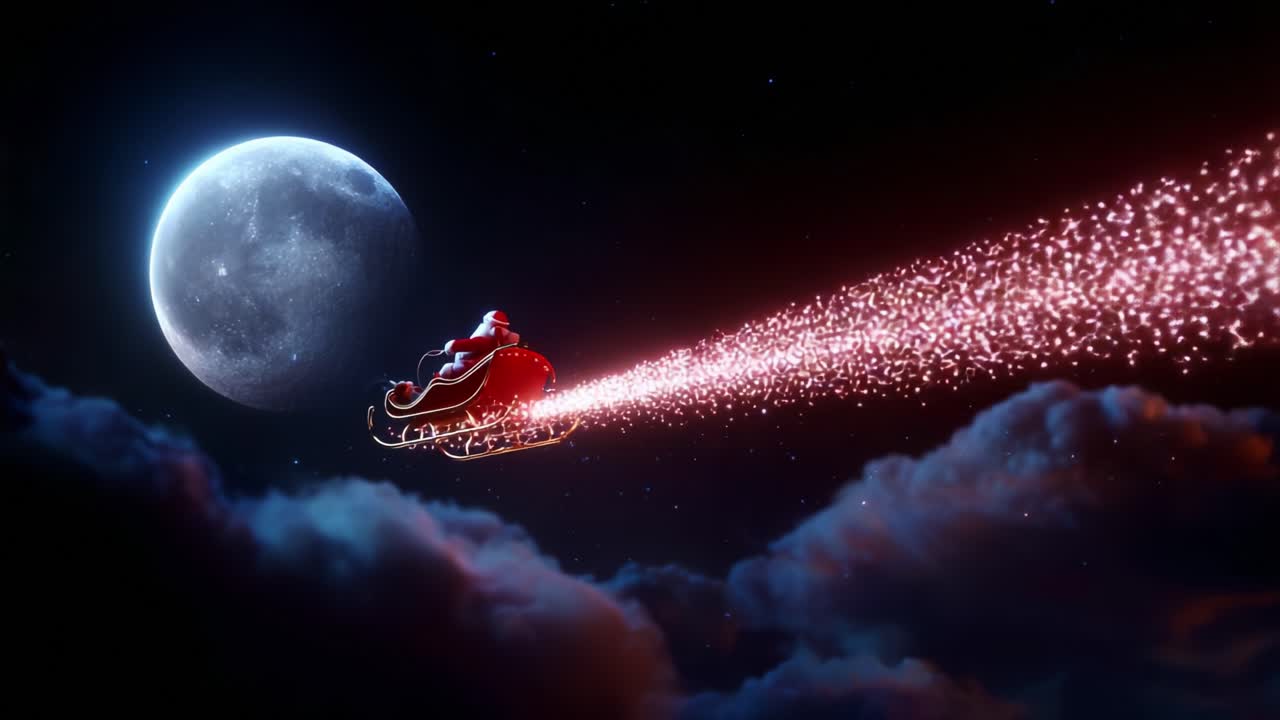 A whimsical scene captures Santa Claus flying through a starry night sky on his majestic sleigh, illuminated by a glowing moon, leaving a trail of sparkling magic dust against fluffy clouds
