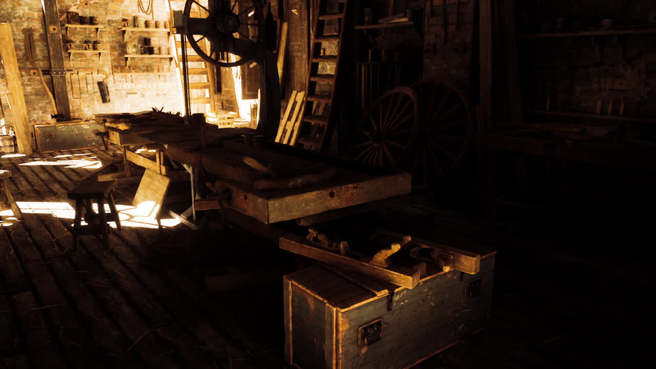 Woodworking workshop filled with tools and rustic furnishings in warm light