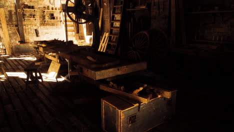woodworking workshop filled with tools and rustic furnishings in warm light