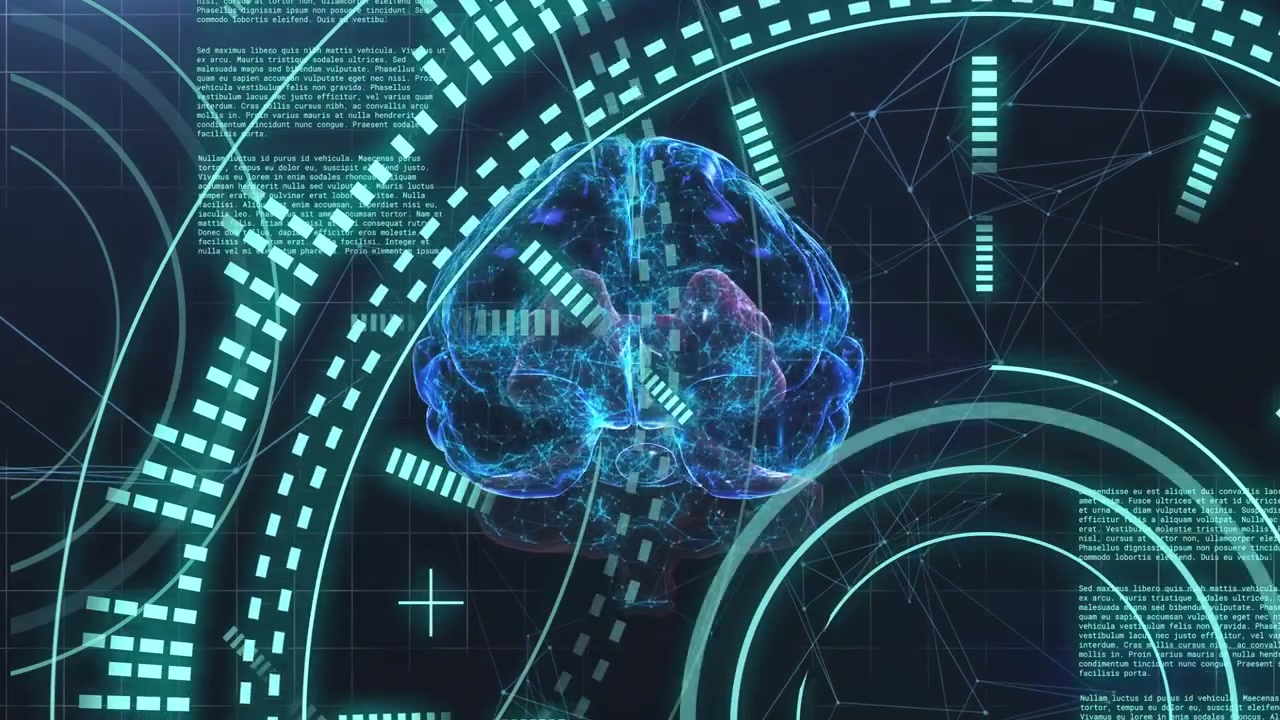 Holographic brain pulsing nested rings entering left and growing initiating scan showing neural map