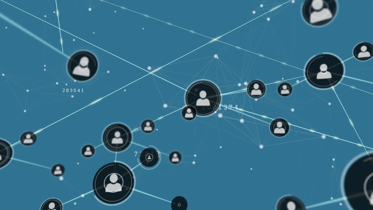 animación de la red de conexiones con iconos y procesamiento de datos sobre fondo azul