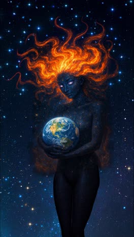 cosmic entity with fiery orange hair gently cradles planet earth in its hands, symbolizing protection, guardianship, and the interconnectedness of life in the vast expanse of space