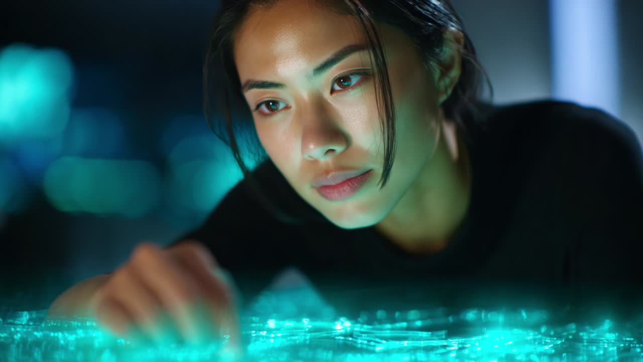 Una donna impegnata nella tecnologia interattiva, che analizza display di dati futuristici con attenzione e precisione in un ambiente digitale dinamico, mettendo in mostra innovazione e competenza tecnologica