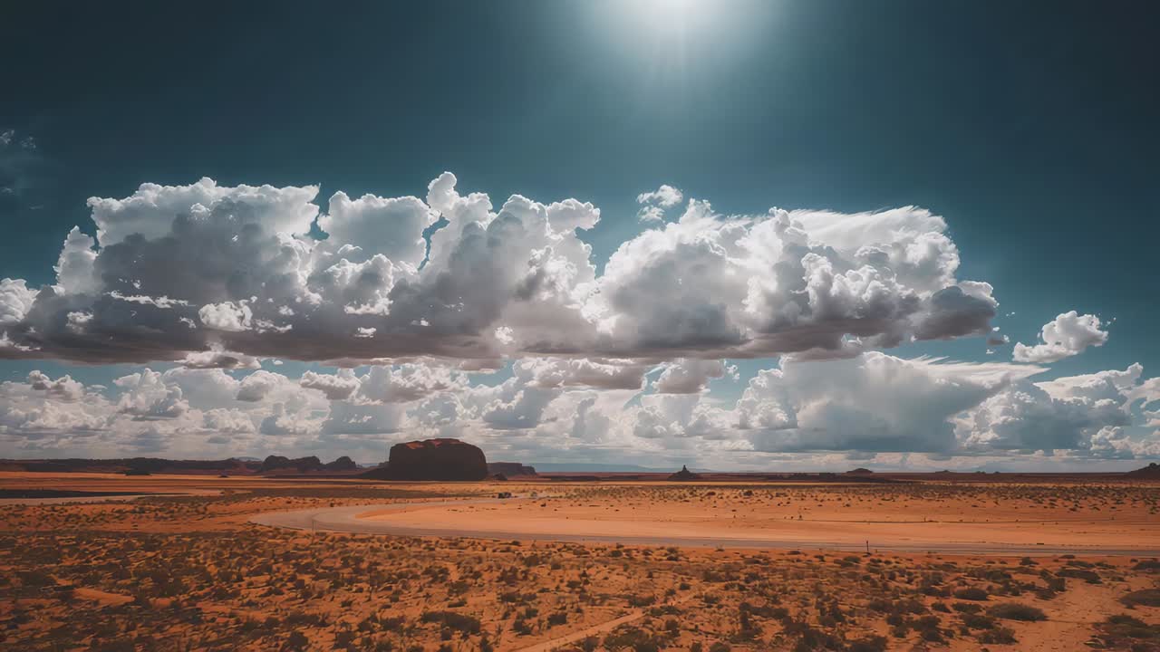 Billowing cumulus bank shifting over red plain during low drone pass, with sun, buttes, dirt track